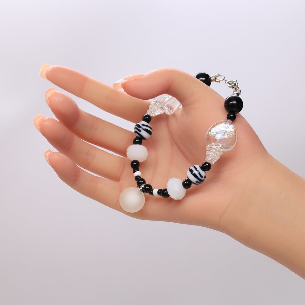 3 Piece Set Necklace Bracelet Earrings Black White Crystals Stripped Glass Beads - Picture 7 of 8